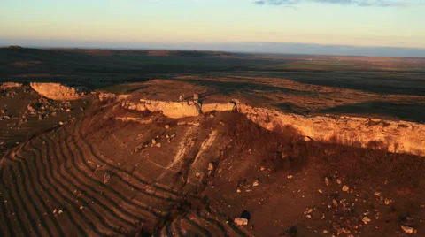 Aerial View: Flying over Aq-Qaya mount at sunset, Crimea Stock Footage 37094627