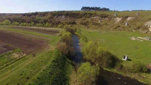 Aerial View. Flying over the beautiful mountain River and forest Stock Footage 78017277