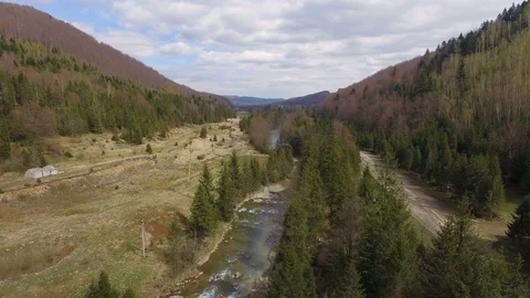 Aerial View. Flying over the beautiful mountain River and forest Stock Footage 78040610