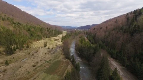 Aerial View. Flying over the beautiful mountain River and forest Stock Footage 78043895