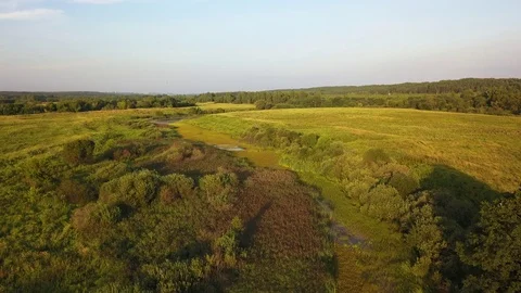 Aerial View. Flying over the beautiful sunny field with river Stock Footage 80064651