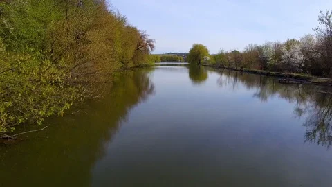 Aerial View. Flying over the beautiful River. Aerial camera shot. Stock Footage 101028615