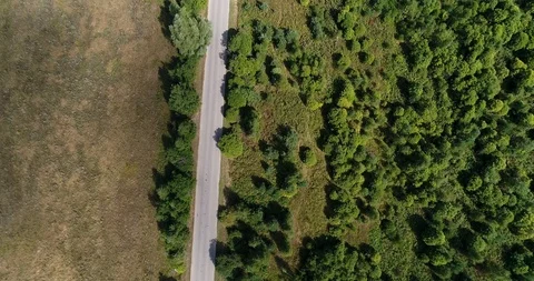 Aerial view flying over black car on two lane forest road Stock Footage