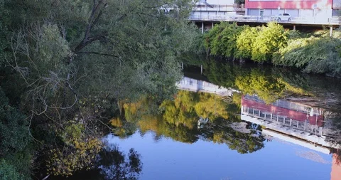 Aerial view, flying over the Bow River in Germany during summer Stock Footage 126635579