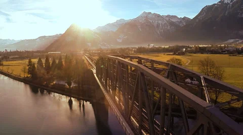 Aerial view. flying over bridge. landscape panorama. sunset dusk Stock Footage 34522585