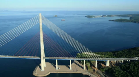 Aerial View. Flying over the Cable-stayed Russky Bridge. Vladivostok city. Stock Footage 34704865