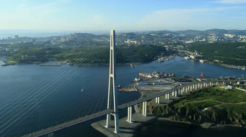 Aerial View. Flying over the Cable-stayed Russky Bridge. Vladivostok city. Stock Footage 34705853