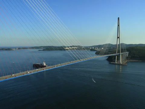 Aerial View. Flying over the Cable-stayed Russky Bridge. Vladivostok city. Stock Footage 34712503