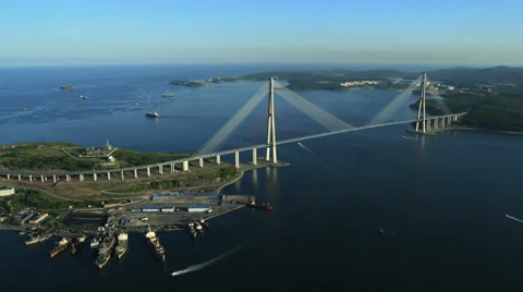 Aerial View. Flying over the Cable-stayed Russky Bridge. Vladivostok city. Stock Footage 34712717