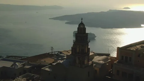 Aerial View Flying Over Cathedral Of St John The Baptist In Fira, Thira Stock Footage 118252853