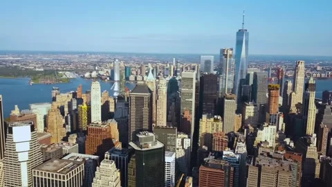 Aerial view flying over dense skyscraper skyline Stockbeeldmateriaal 342897435