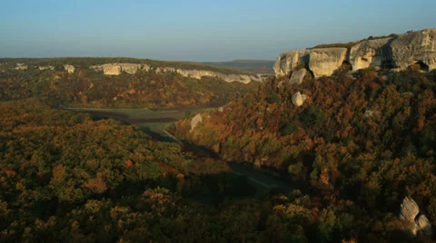 Aerial View: Flying over the Eski-Kermen plateau, near Bakhchisaray, Crimea Stock Footage 36664245