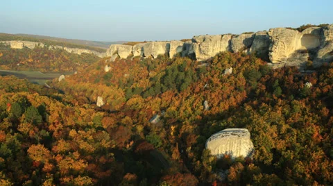 Aerial View: Flying over the Eski-Kermen plateau, near Bakhchisaray, Crimea Stock Footage 36664803