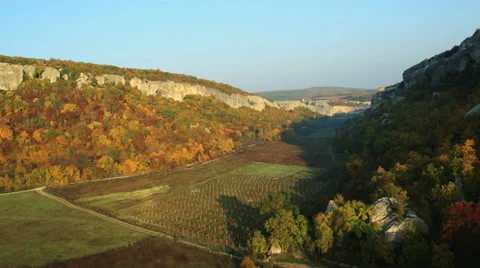 Aerial View: Flying over the Eski-Kermen plateau, near Bakhchisaray, Crimea Stock Footage 36664966