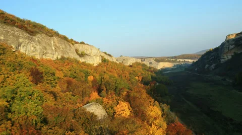 Aerial View: Flying over the Eski-Kermen plateau, near Bakhchisaray, Crimea Stock Footage 36665019