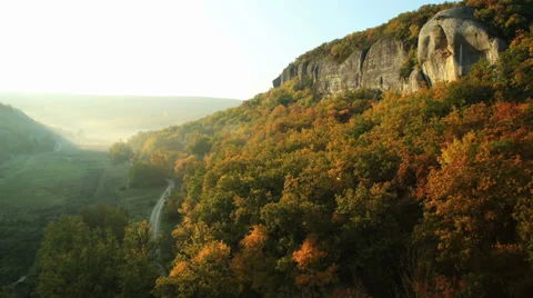 Aerial View: Flying over the Eski-Kermen plateau, near Bakhchisaray, Crimea Stock Footage 36705260