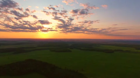 Aerial View. Flying over the field of forest at sunset with the sun's rays. Stock Footage 63782841