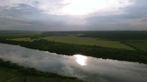 Aerial View Flying over the field. Flying over the river. Russia Видео 134906799
