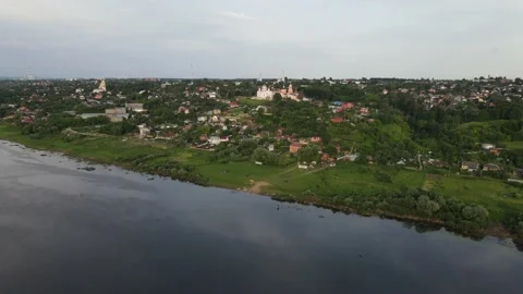 Aerial View Flying over the field. Flying over the river. Russia Видео 134906813