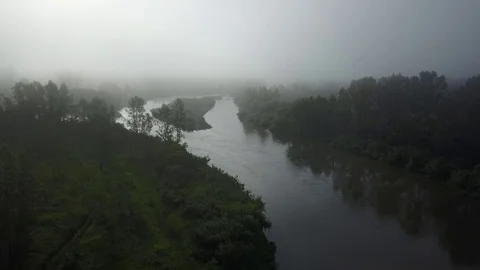 Aerial View: Flying Over Forest Valley. Morning Fog. The River. Stockbeeldmateriaal 79839609