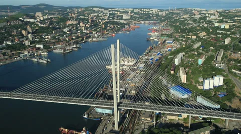 Aerial View. Flying over the Golden Bridge. Vladivostok city. Stock Footage 34701461