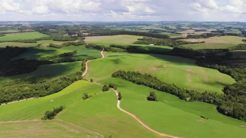 Aerial View Flying Over Green Agricultural Fields With Dirt Road And Woods Stock Footage 191584653