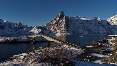 Aerial view flying over hamnoy fishing village bridge in lofoten, Norway Stock-Footage 343688951