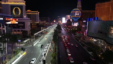 Aerial view flying over the illuminated Las Vegas strip, night in Nevada, USA Stock Footage 304474258