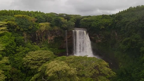 Aerial View Flying Over Kauai Hawaii waterfall Wailua Stock Footage
