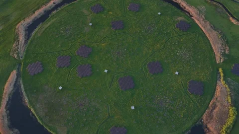 Aerial view flying over lofar radio telescope superterp Stock-Footage 335276835