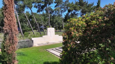 Aerial view flying over the lone pine cemetery and memorial in Gallipoli Stock Footage 339096687