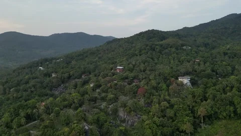 Aerial View Flying Over Lush Green Mountain with Tropical Villas in Koh Phangan, Video stock 335814902