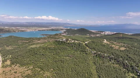 Aerial view flying over a lush green forest revealing  Ayvalik coastline Vidéo 339086147