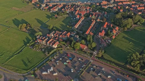 Aerial view flying over marken village and harbor in the netherlands Stockbeeldmateriaal 342811991