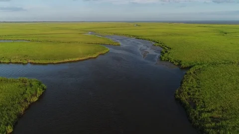 Aerial View Flying over the Marsh and Delaware Bay Beach New Jersey Stock Footage 78018465