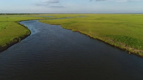 Aerial View Flying over the Marsh and Delaware Bay Beach New Jersey Stock Footage 78018469