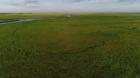 Aerial View Flying over the Marsh and Delaware Bay Beach New Jersey Stock Footage 78018480