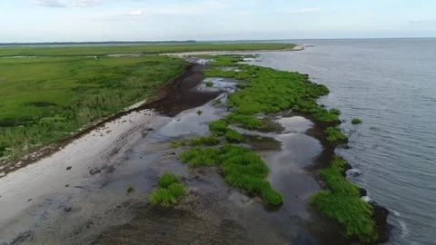 Aerial View Flying over the Marsh and Delaware Bay Beach New Jersey Stock Footage 78018500