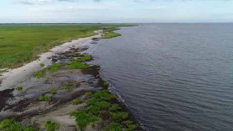 Aerial View Flying over the Marsh and Delaware Bay Beach New Jersey Stock Footage 78018510