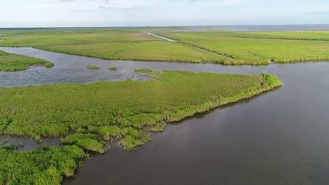 Aerial View Flying over the Marsh and Delaware Bay Beach New Jersey Stock Footage 78018549