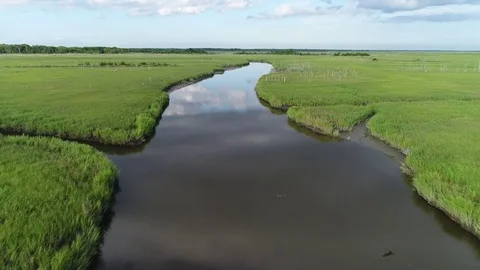 Aerial View Flying over the Marsh and Delaware Bay Beach New Jersey Stock Footage 78018578