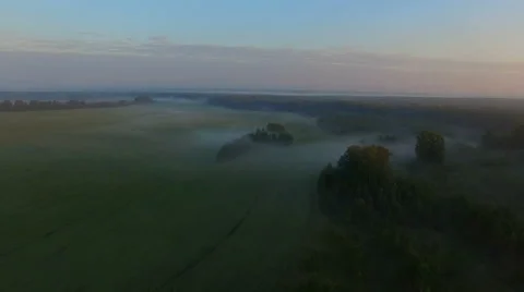 Aerial view flying over the meadow and the sun rises from behind the trees Stock Footage 67435608