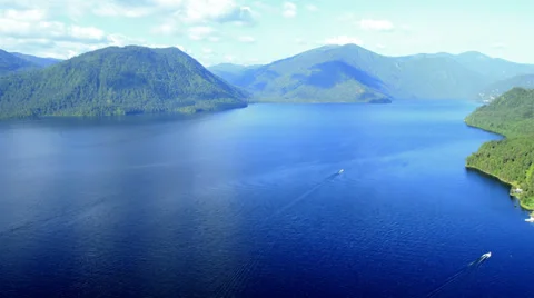 Aerial View. Flying over the mountain lake. Aerial camera shot. Altai, Siberia. Stock Footage 33851671