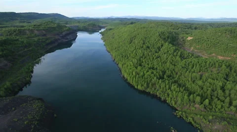 Aerial View. Flying over the Mountain Shoria, forest, taiga, river. Stock Footage 38059228