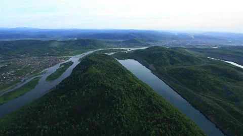 Aerial View. Flying over the Mountain Shoria, forest, taiga, river. Stock Footage 38059330
