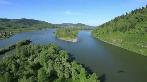 Aerial View. Flying over the Mountain Shoria, forest, taiga, river. Stock Footage 38060942