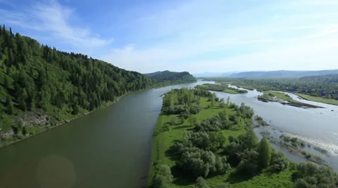 Aerial View. Flying over the Mountain Shoria, forest, taiga, river. Stock Footage 38060948