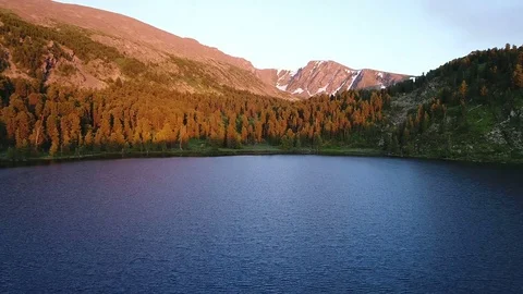 Aerial View. Flying over the Mountain Lake. Altai. Karakolsky Lakes Expedition Stock Footage 80135722
