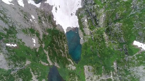 Aerial View. Flying over the Mountain Lake. Altai. Karakolsky Lakes Expedition Stock Footage 80856501