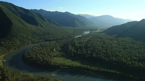 Aerial View. Flying over the Mountains and Forest Valley. Altai, Siberia. Stock Footage 34356696